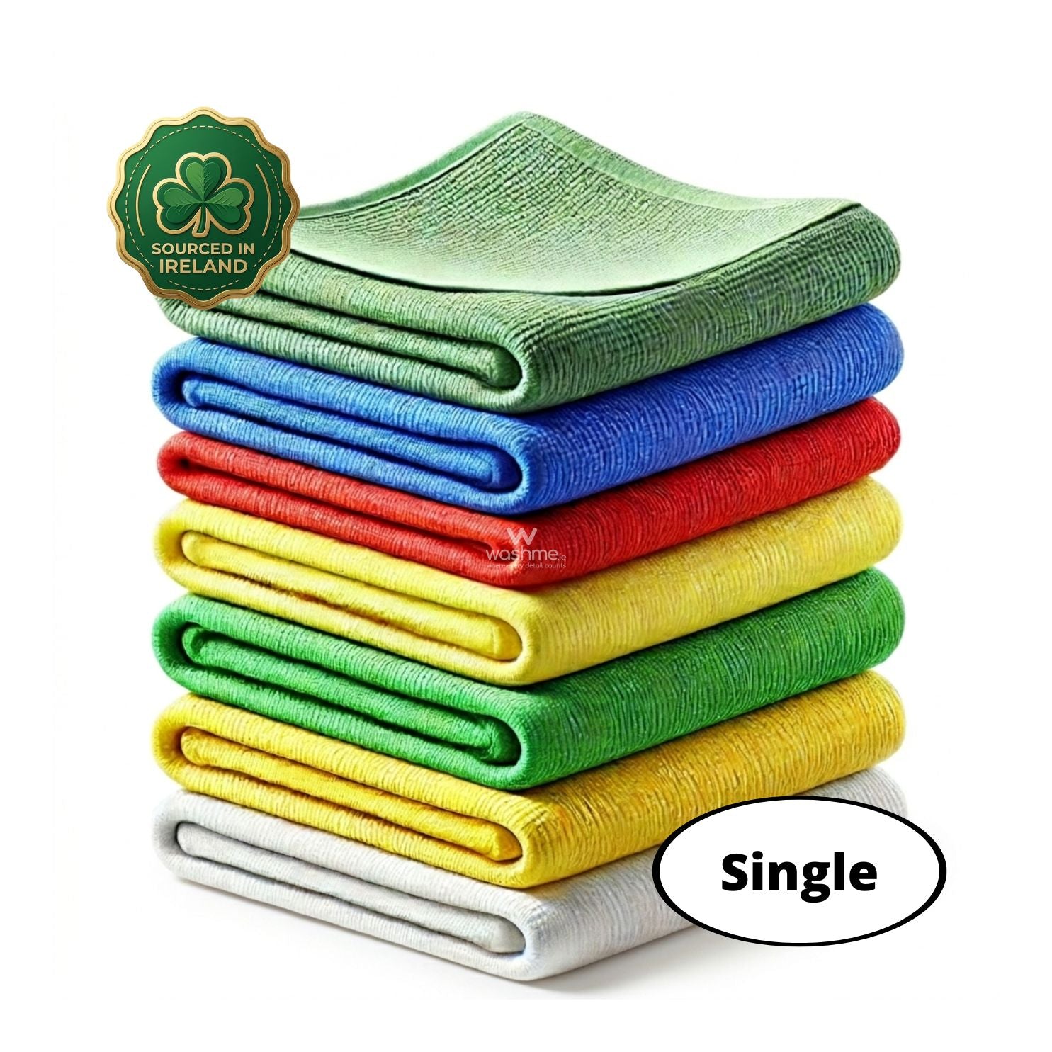 Stack of colourful folded washme microfibre cloths with a green shamrock logo and 'Sourced in Ireland' text on a white background.