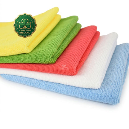 Set of colourful washme microfibre cloths with a 'Sourced in Ireland' logo on a white background