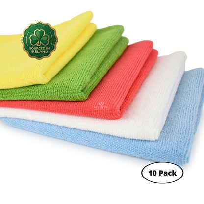 Set of 5 colourful microfibre cloths with a 'Sourced in Ireland' logo on a white background