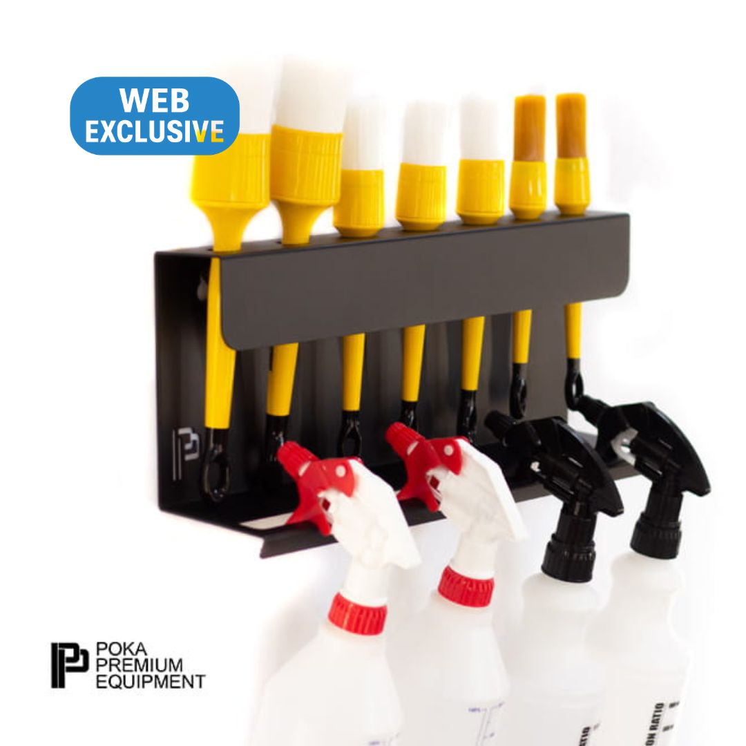 Set of paintbrushes with yellow handles and black holders on a white background, featuring the Poka Premium Equipment logo.
