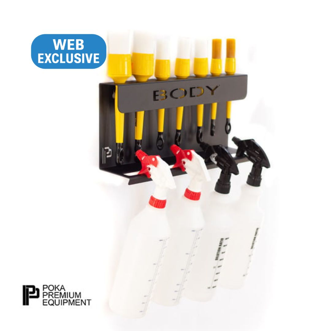 Fishing lure holder with yellow and white lures on a white background, featuring the brand 'Poka Premium Equipment'.