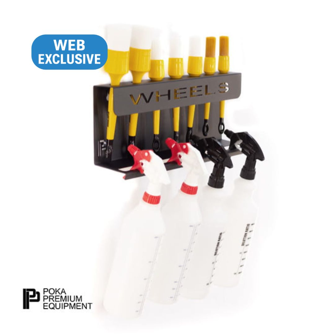 Wheels spray gun holder with multiple spray guns on a white background, featuring Poka Premium Equipment branding.