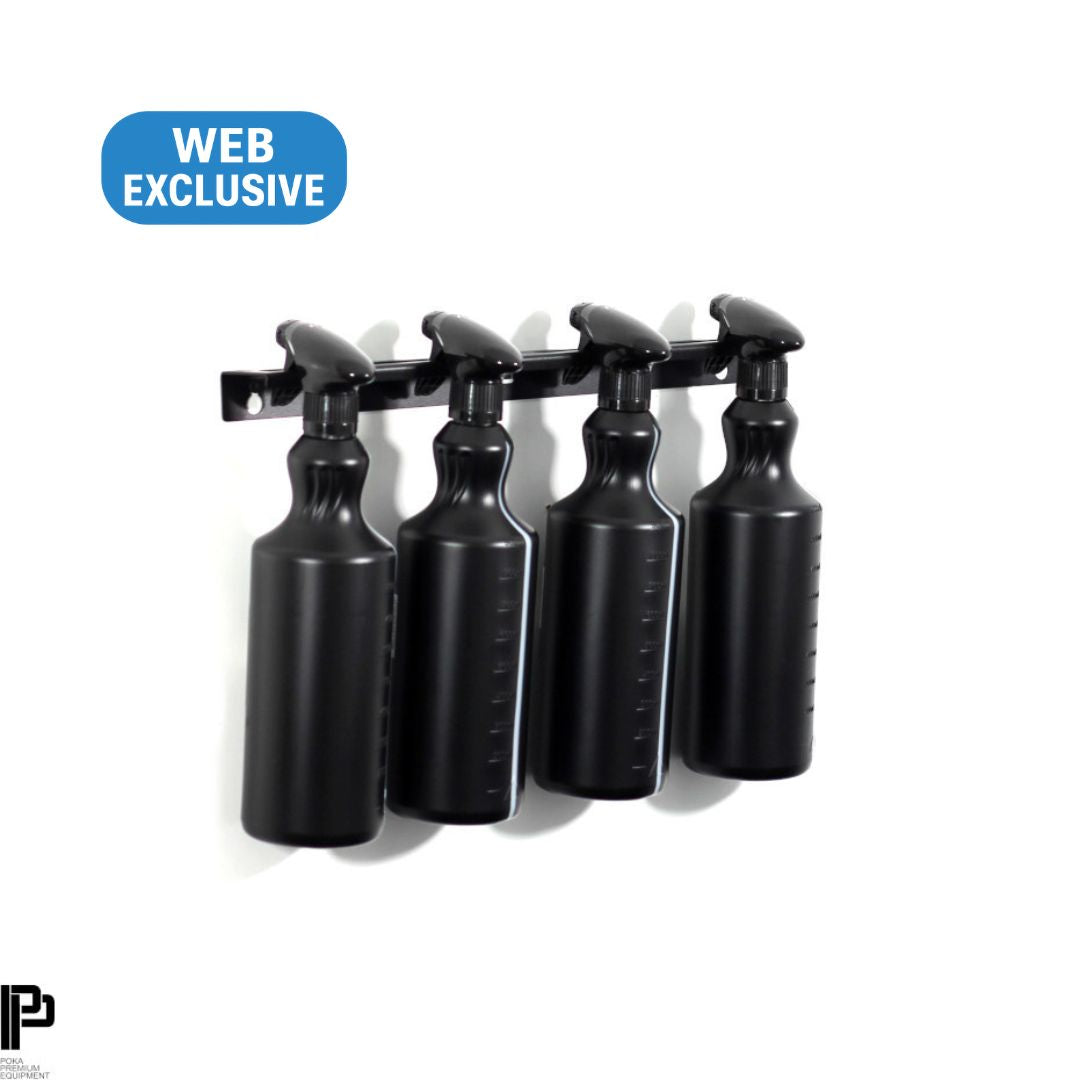 Set of four black spray bottles on a white background with 'Web Exclusive' label.