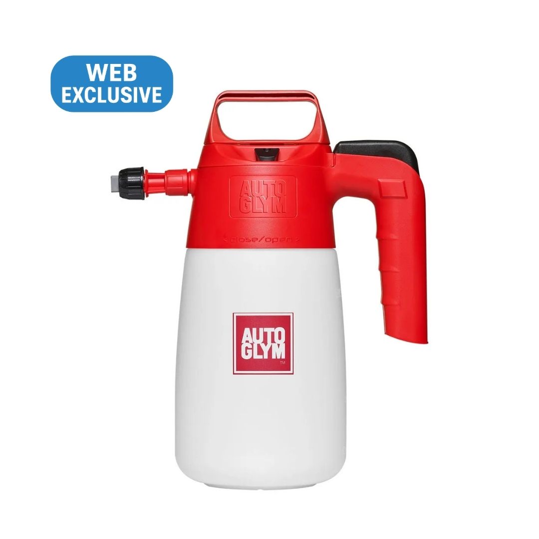 An Autoglym foam cannon pressure washer attachment with a red top and handle, a white plastic tank, and a black spray nozzle, shown on a white background with a blue 'WEB EXCLUSIVE' badge in the top left.