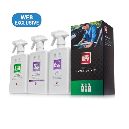 Three white spray bottles of Autoglym car interior cleaning products shown next to their black and green retail box, with a blue 'WEB EXCLUSIVE' badge in the top left on a white background.