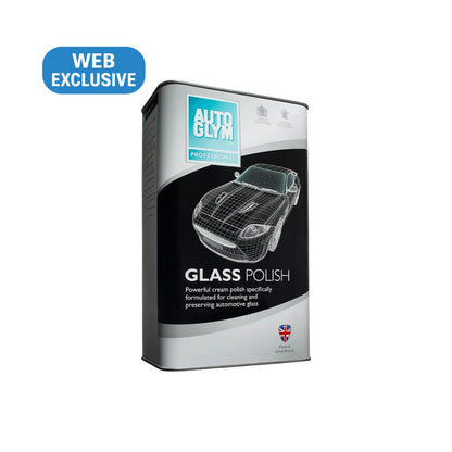 A tin of 4L Autoglym Professional Glass Polish shown on a plain white background, with a blue 'WEB EXCLUSIVE' badge in the top-left corner. The can is black, silver, and white with a graphic of a car.
