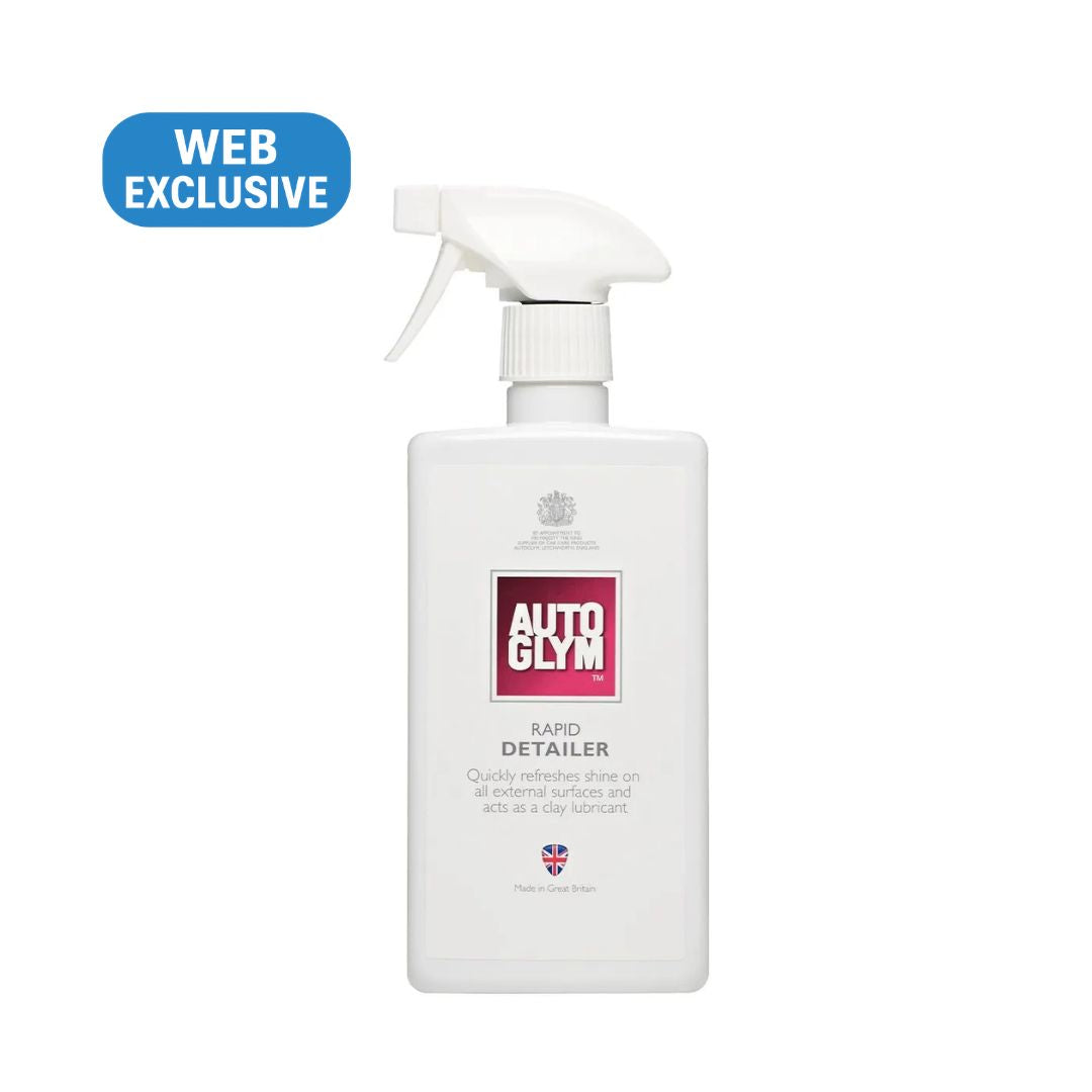 A white spray bottle of Autoglym Rapid Detailer on a white background, featuring a blue 'WEB EXCLUSIVE' badge in the top left corner.