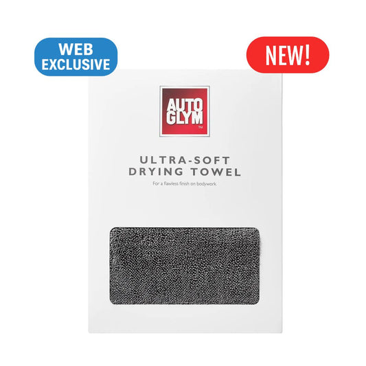 Autoglym ultra-soft drying towel packaging with 'New!' and 'Web Exclusive' labels.