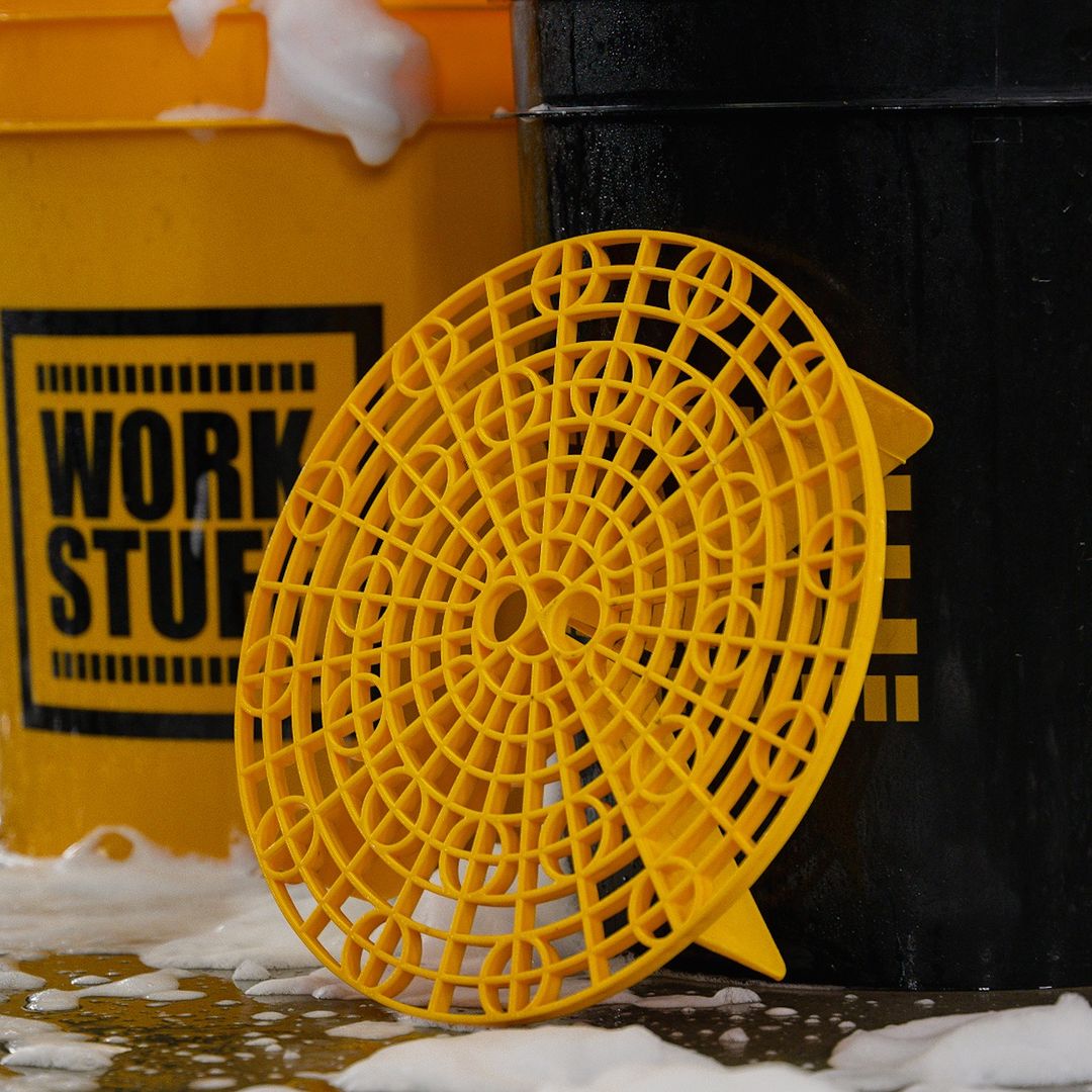 Work Stuff Black Bucket Rinse with yellow Grit Guard. Safe wash bucket. two bucket wash method. Work Stuff Ireland