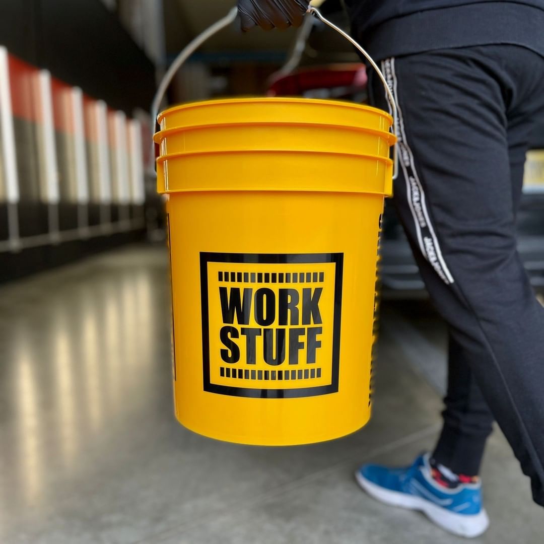 Work Stuff bucket, safe three bucket wash method. Yellow bucket wash, black bucket rinse, grey bucket wheels. with grit guad. Work Stuff Ireland