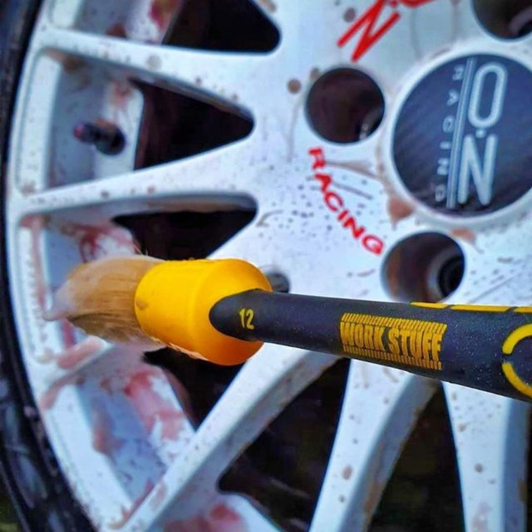 OZ Racing wheel. Work Stuff Brush with yellow rubber handle. Perfect wheel brush. Work Stuff Cork Ireland