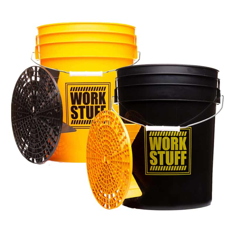 Work Stuff Yellow Bucket Wash with black Grit Guard. Black bucket rinse with yellow grit guard. Safe wash bucket. two bucket wash method. Work Stuff Ireland