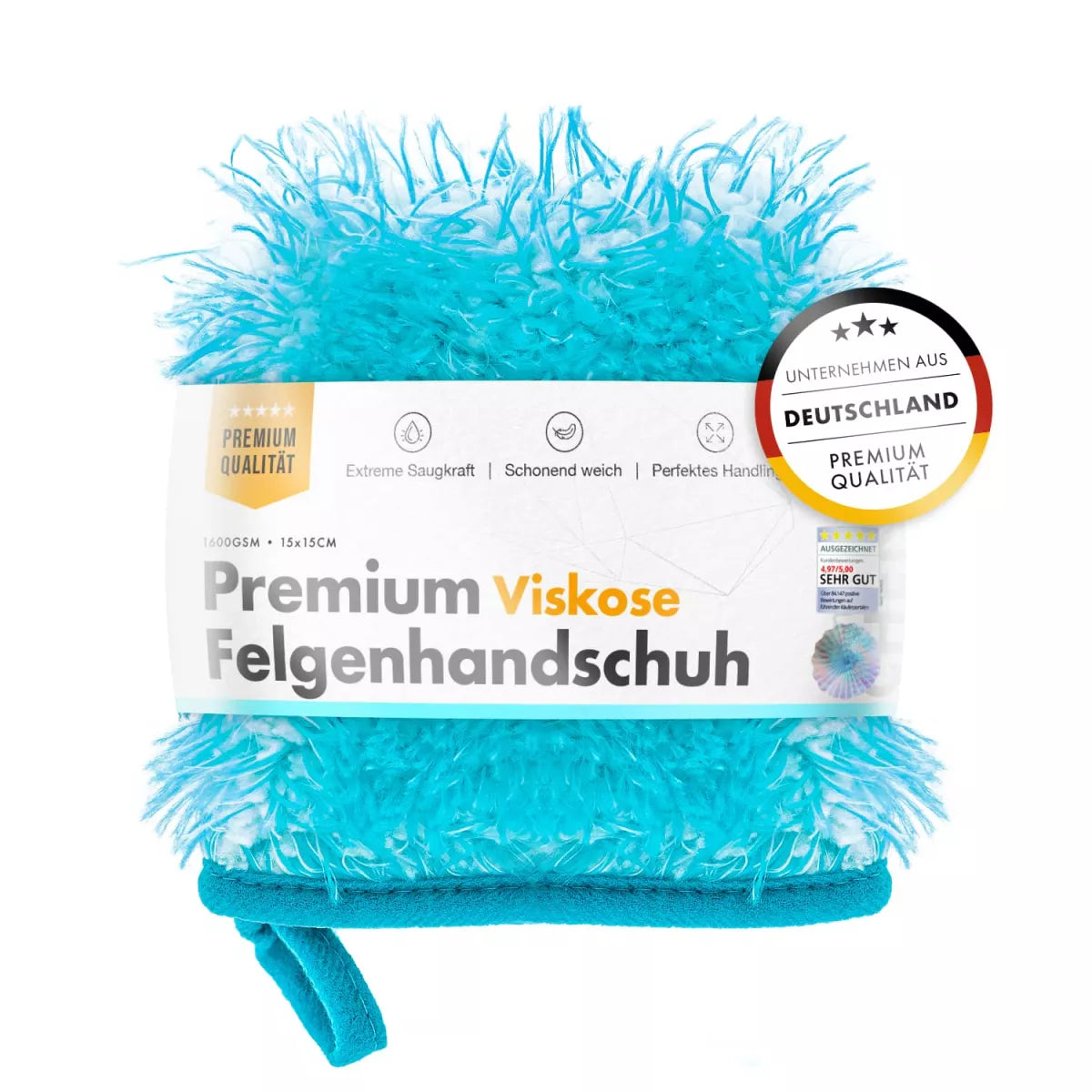 Turquoise car cleaning mitt with packaging displaying brand and quality information on a white background