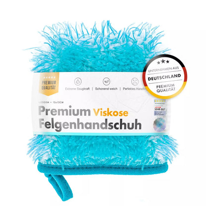 Turquoise car cleaning mitt with packaging displaying brand and quality information on a white background
