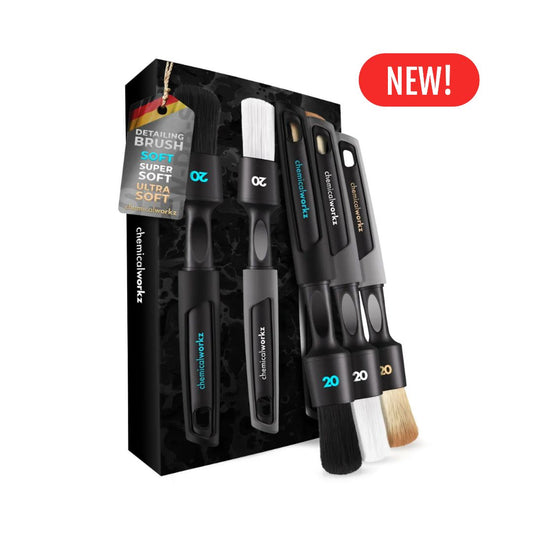 3 chemicalworkz ultra soft detailing brushes in a set, accompanied by their packaging on a white background with new label