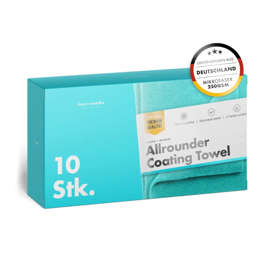 Box of Chemicalworkz Allrounder Coating Towels with a teal towel inside on a white background. Chemicalworkz Ireland