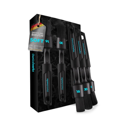 Set of chemicalworz board detailing brushes with a branded box on a white background