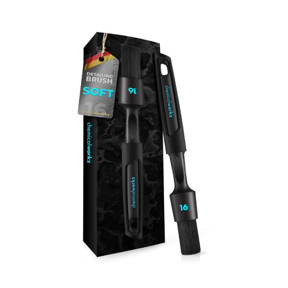 Black chemical boar detailing brush  in size 16 mm with packaging on a white background