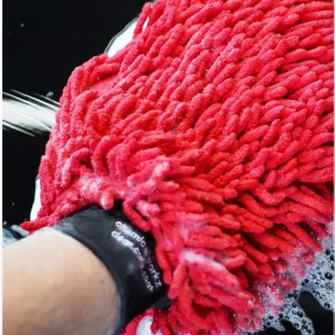 Red chemicalworkz microfiber cleaning cloth with a brand logo on a black background