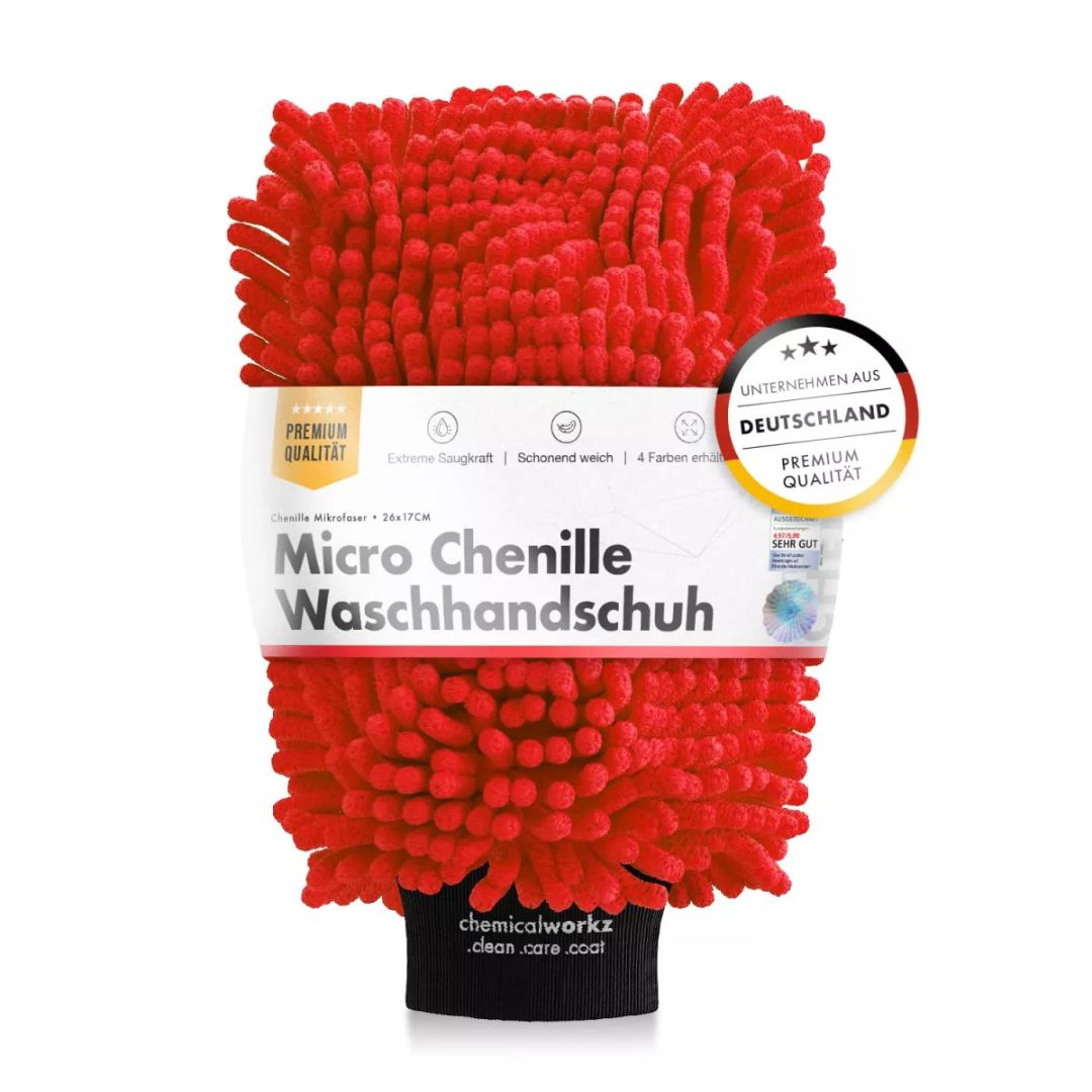 Red chemicalworkz chenille wash glove with packaging on a white background