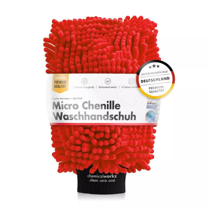 Red chemicalworkz chenille wash glove with packaging on a white background