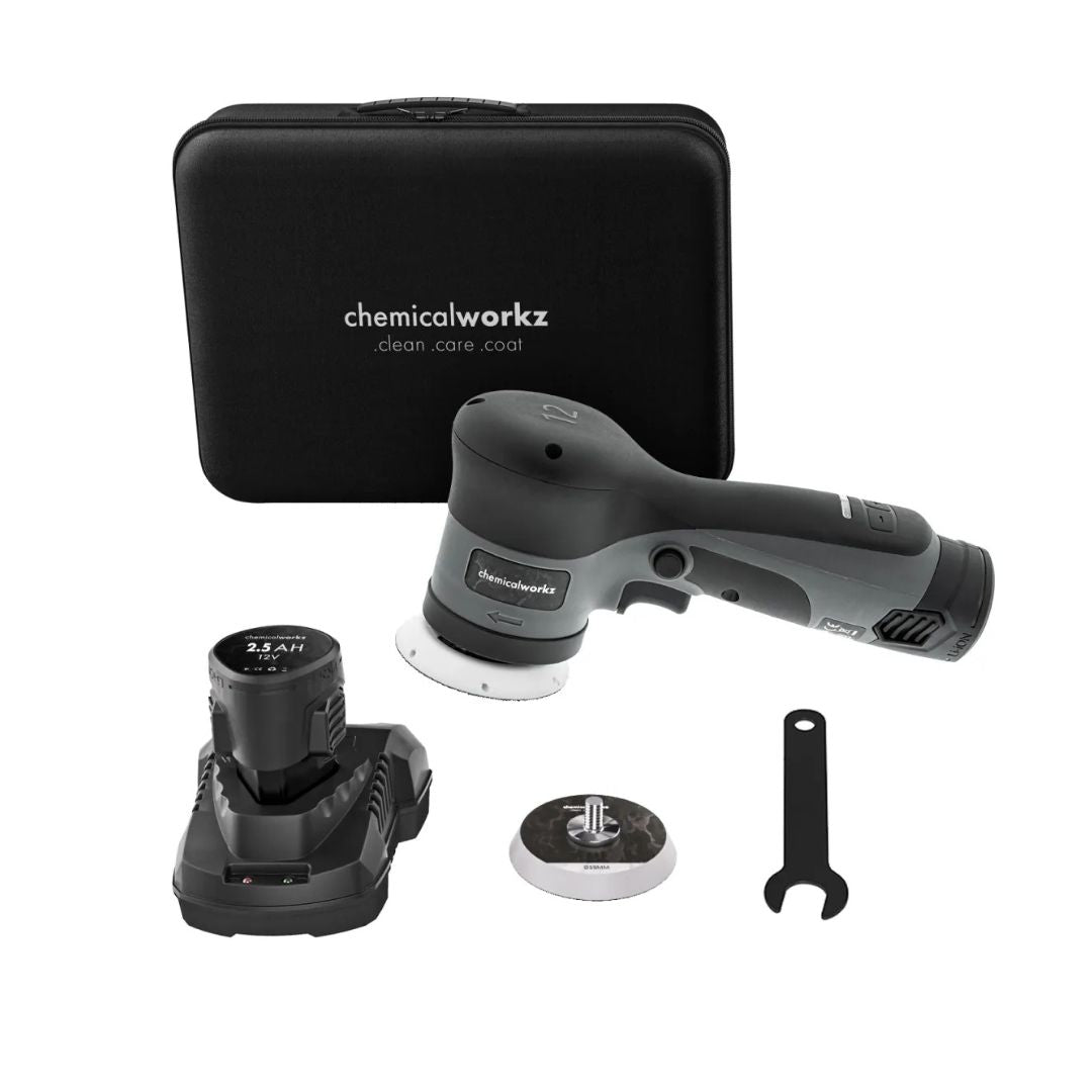 Car detailing sander set with a black case labeled 'chemicalworkz DA9 EVO on a white background.