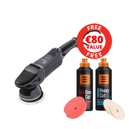 Car polisher with two bottles of polish and a red disc on a white background