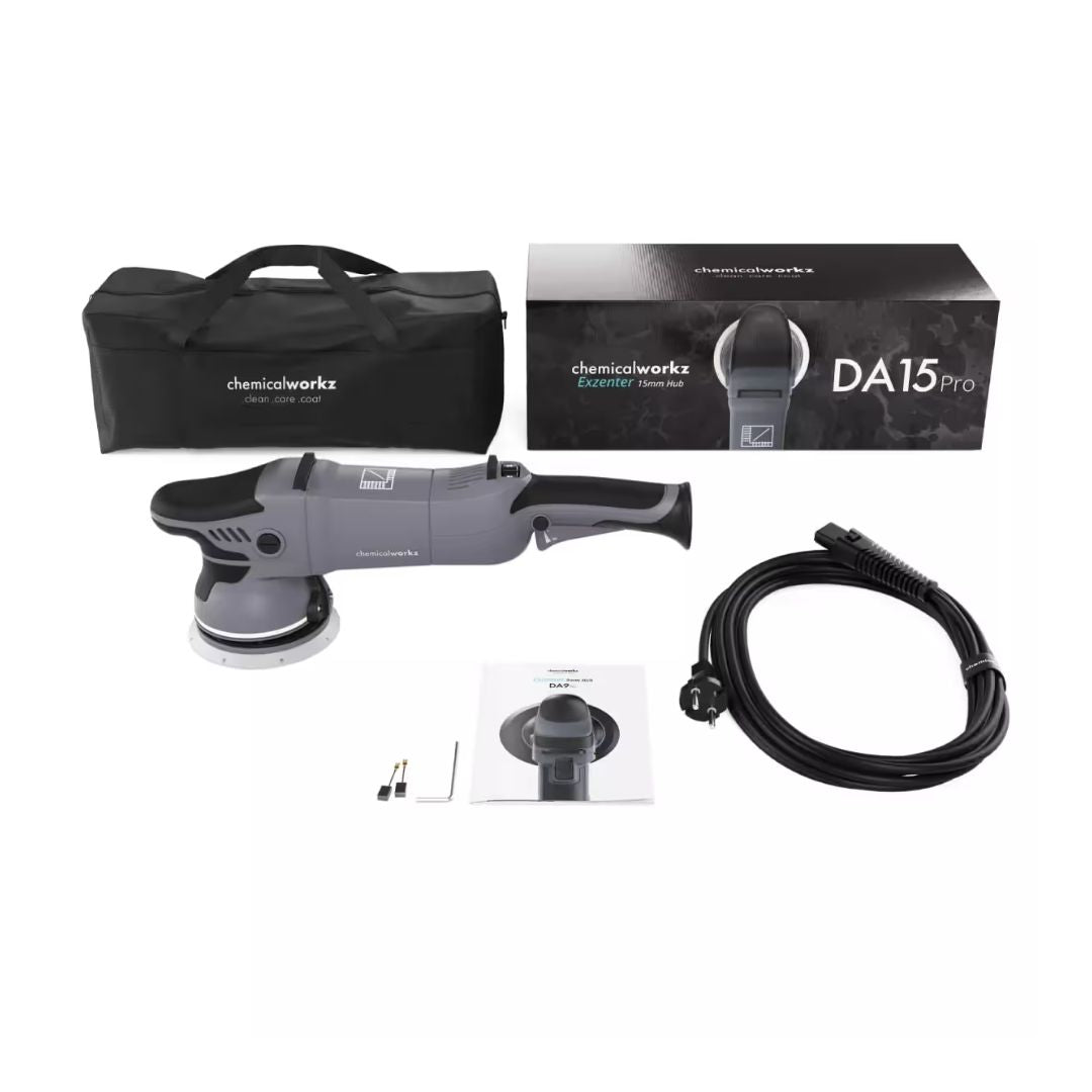 chemicalworkz DA15 Polishing machine with accessories and packaging on a white background