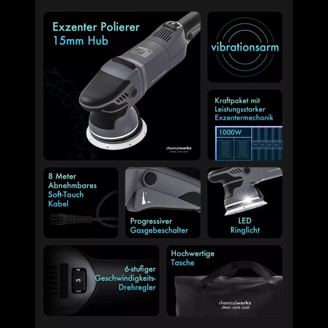 Technical specifications of a chemicalworkz DA15polishing machine with features highlighted on a dark background