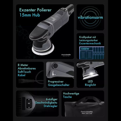 Technical specifications of a chemicalworkz DA15polishing machine with features highlighted on a dark background