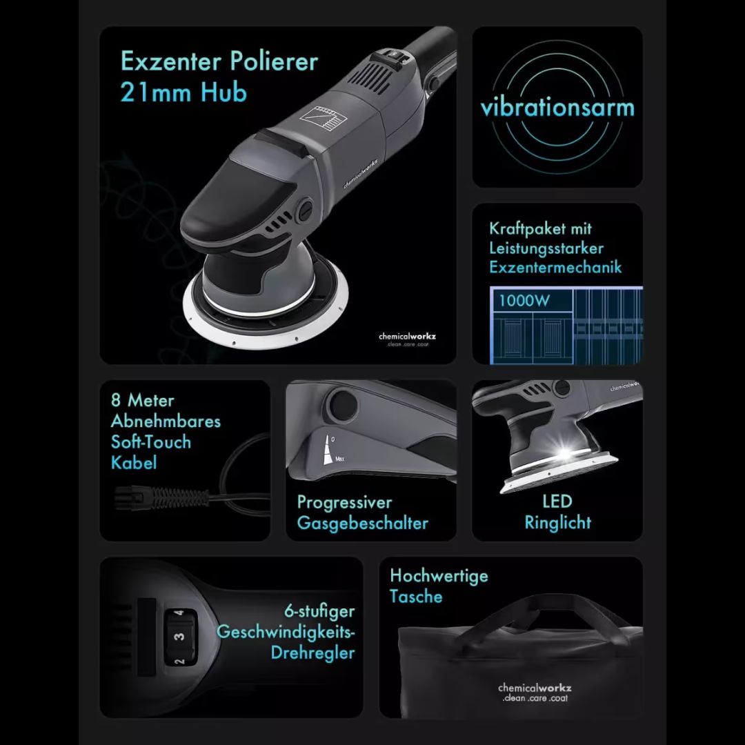 Technical specifications of a polisher with various features highlighted on a black background.