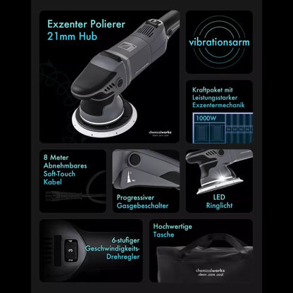Technical specifications of a polisher with various features highlighted on a black background.