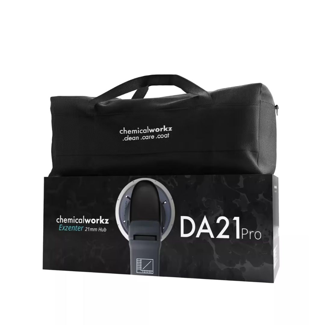 Black bag and box with 'chemicalworkz' branding on a white background