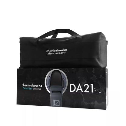 Black bag and box with 'chemicalworkz' branding on a white background
