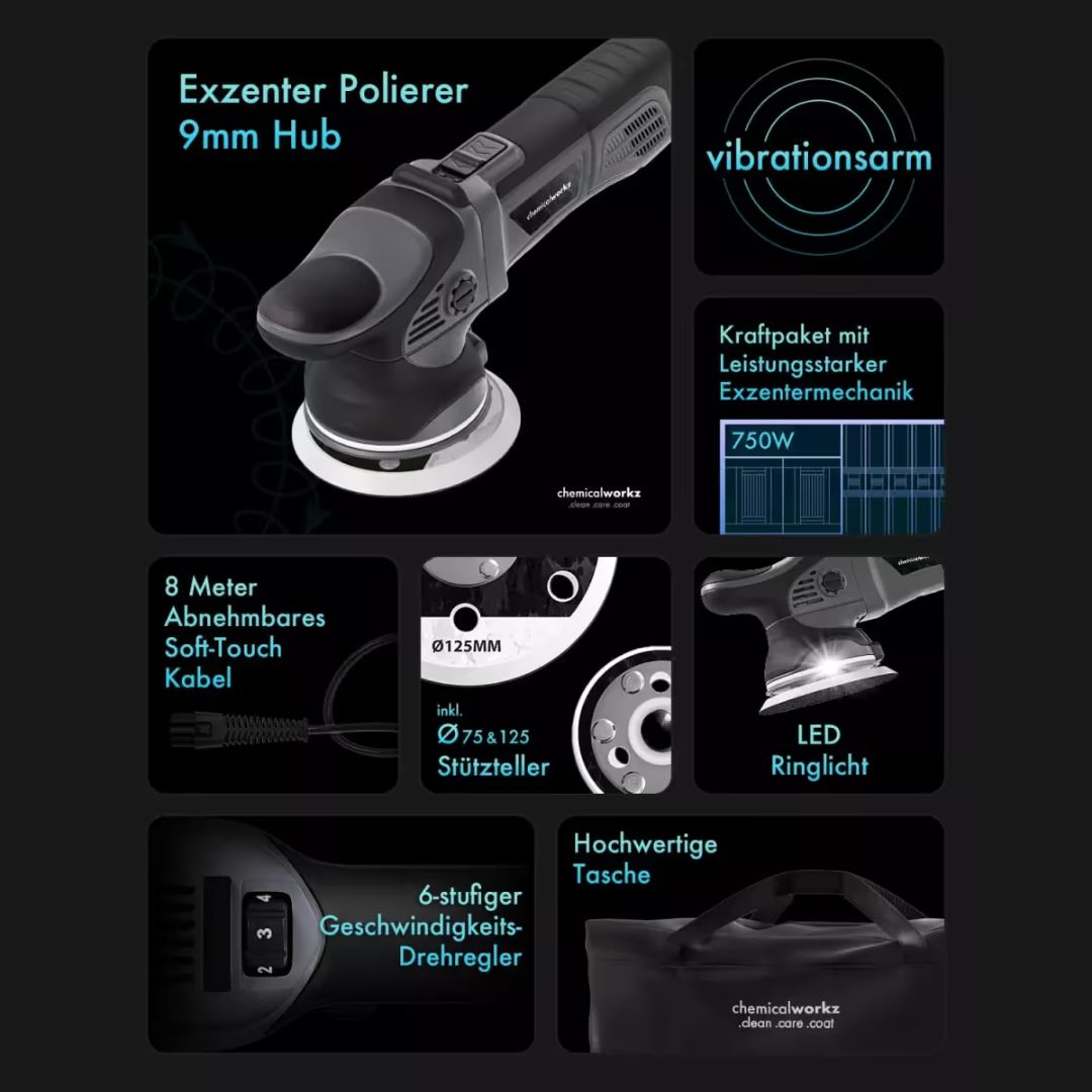 Technical specifications of a chemicalworkz DA9 Pro polisher with various features highlighted on a dark background