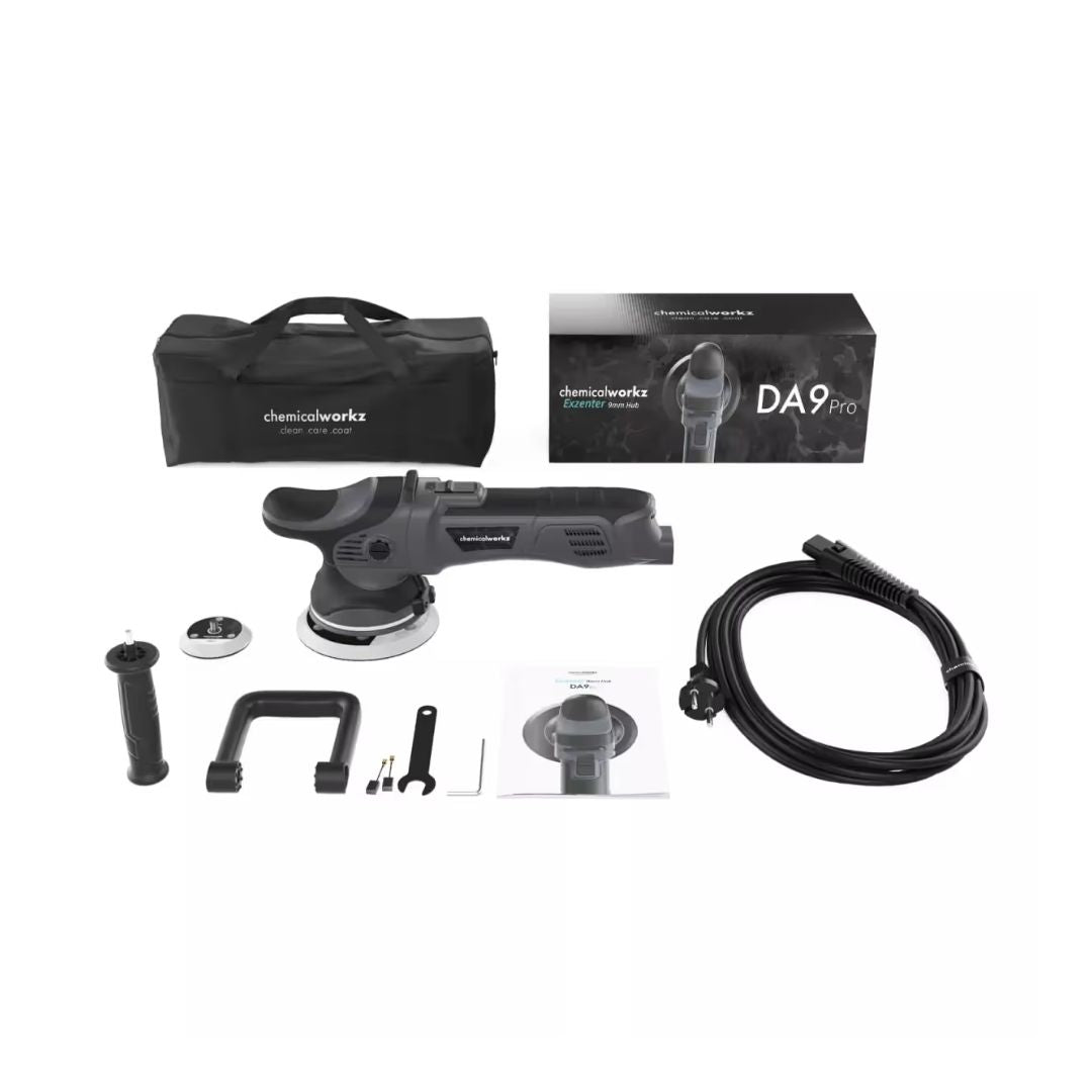 ChemicalWorks DA9 Pro polisher kit with tools and packaging on a white background