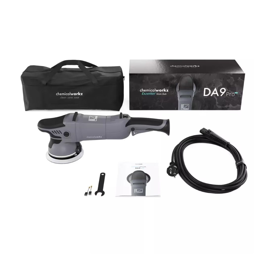 DA9 Pro polisher with accessories and packaging on a white background