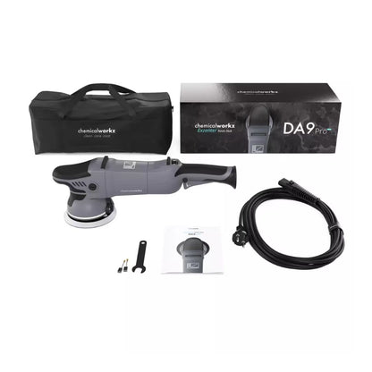 DA9 Pro polisher with accessories and packaging on a white background