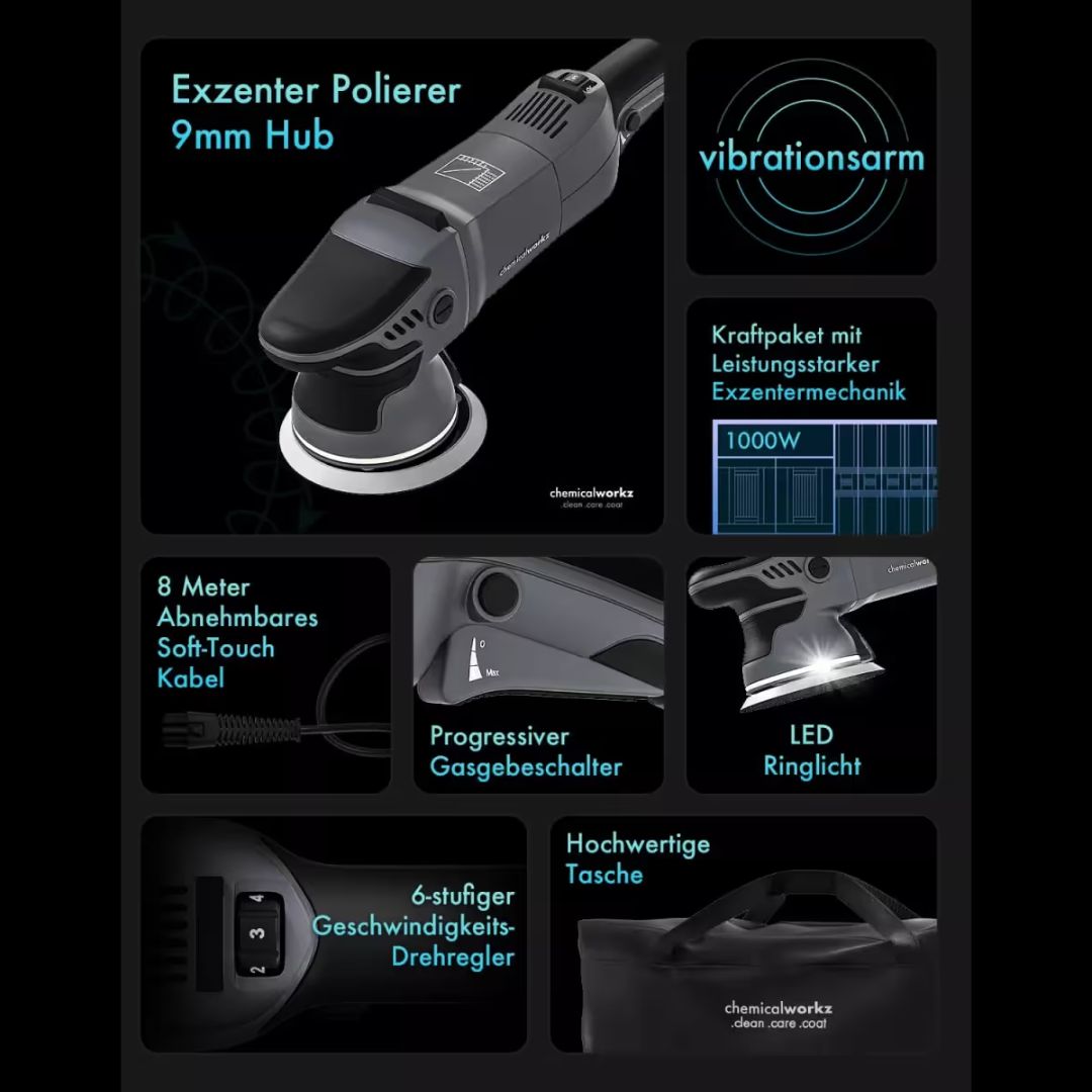 Exzenter Polierer with features highlighted on a dark background