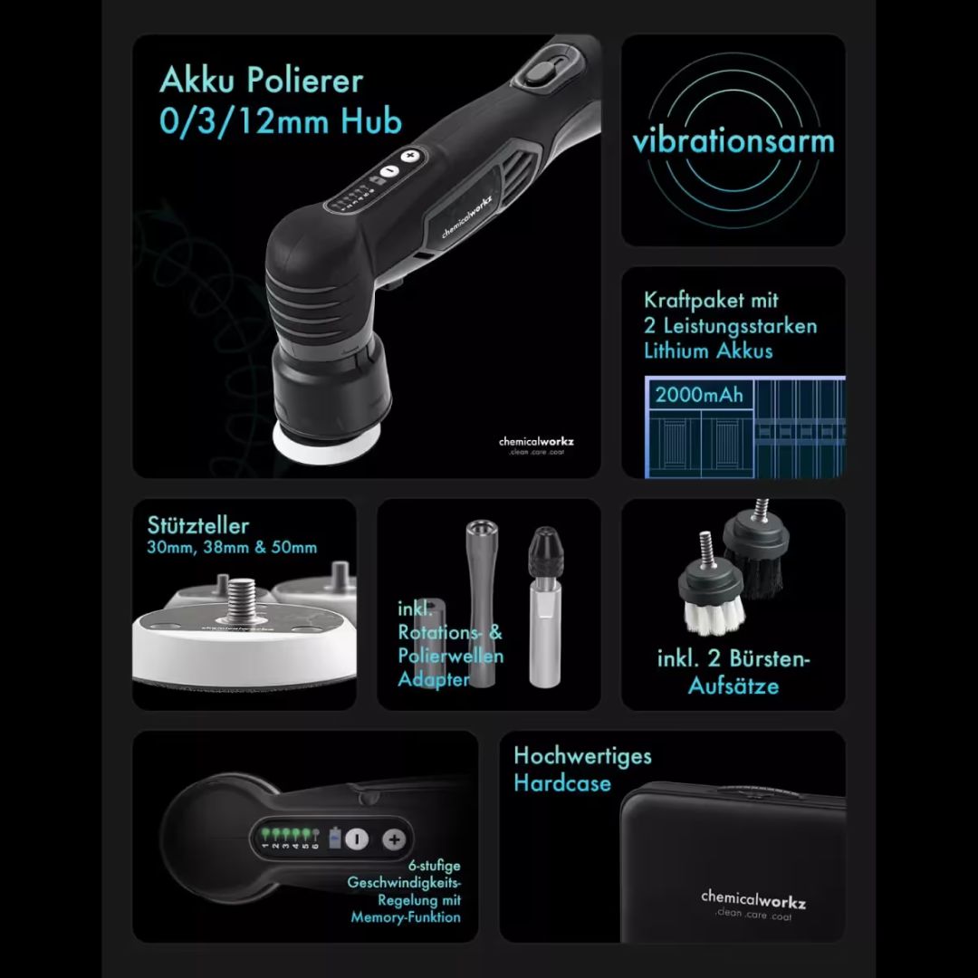 Akkupolierer (battery polisher) with various attachments and specifications on a black background