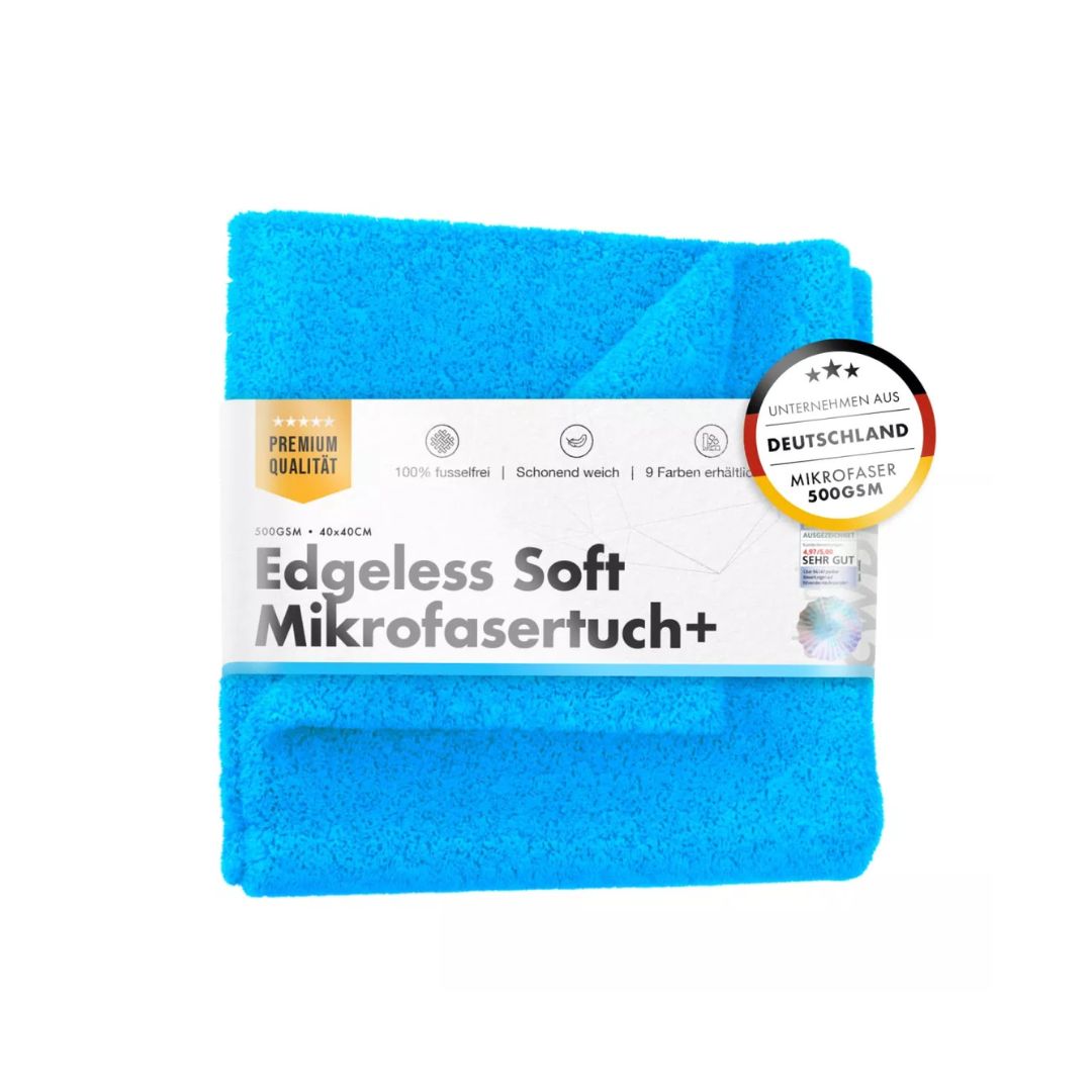 Blue microfiber towel with packaging label on a white background
