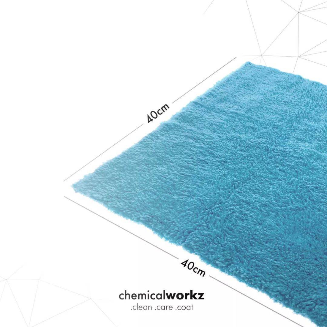 Blue cleaning pad with dimensions 40cm x 40cm on a white background, branded 'chemicalworkz'.