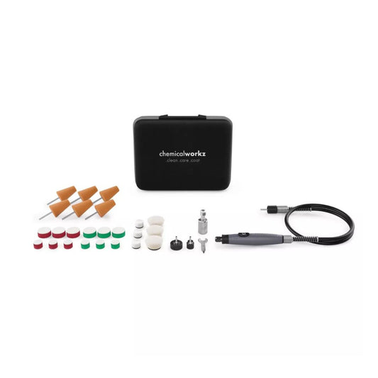Collection of mini an nano polisher and equipment with 'chemicalworkz' branding on a white background