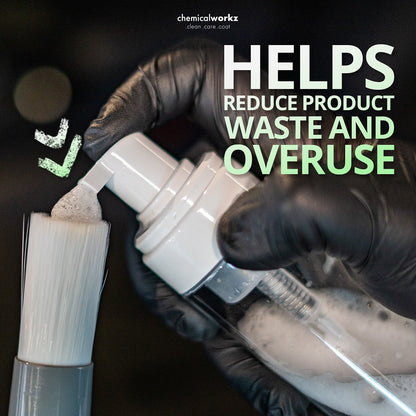 Person in black gloves holding a white container with text about reducing product waste and overuse.