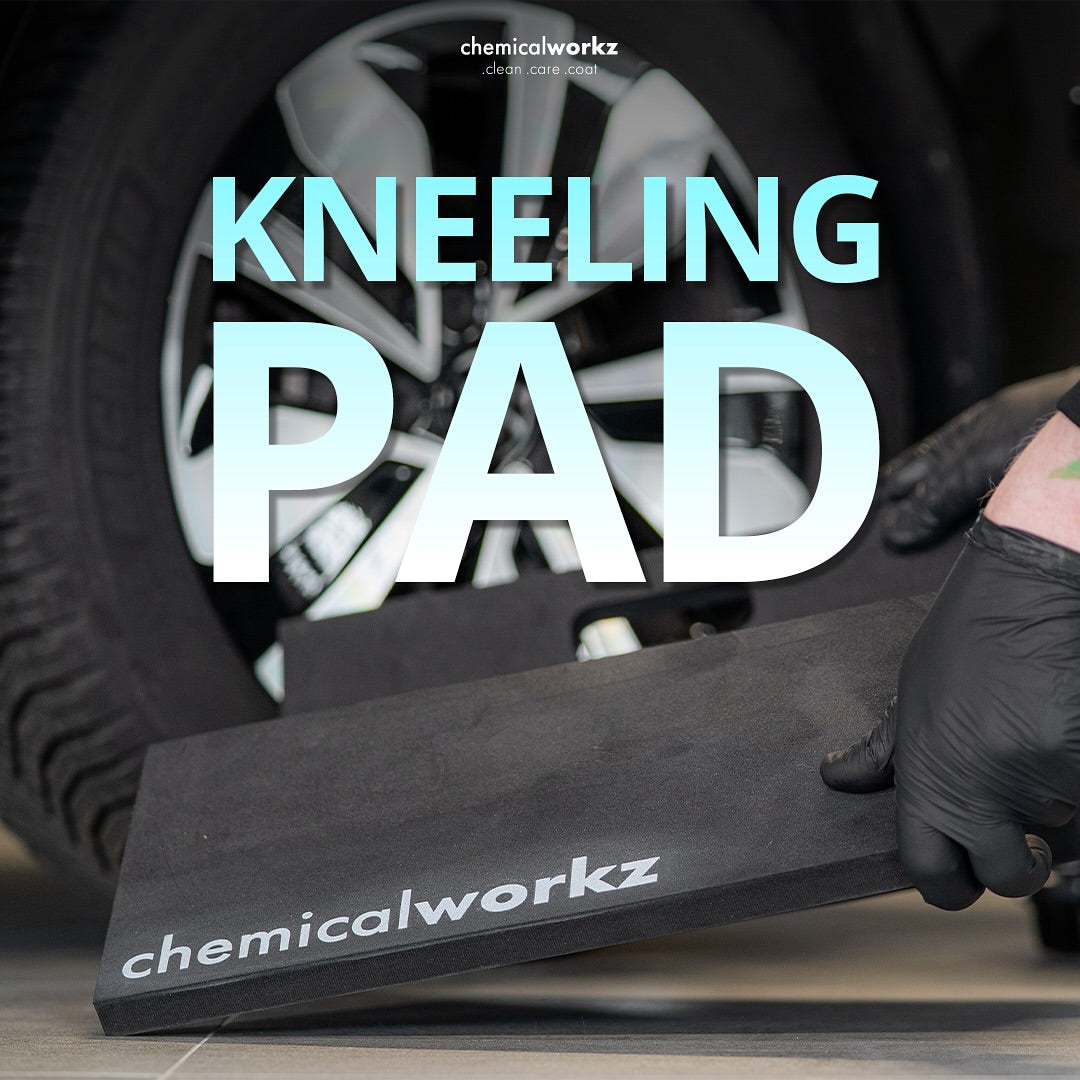 Black car detailing mat with 'chemicalworkz' branding on a car floor.