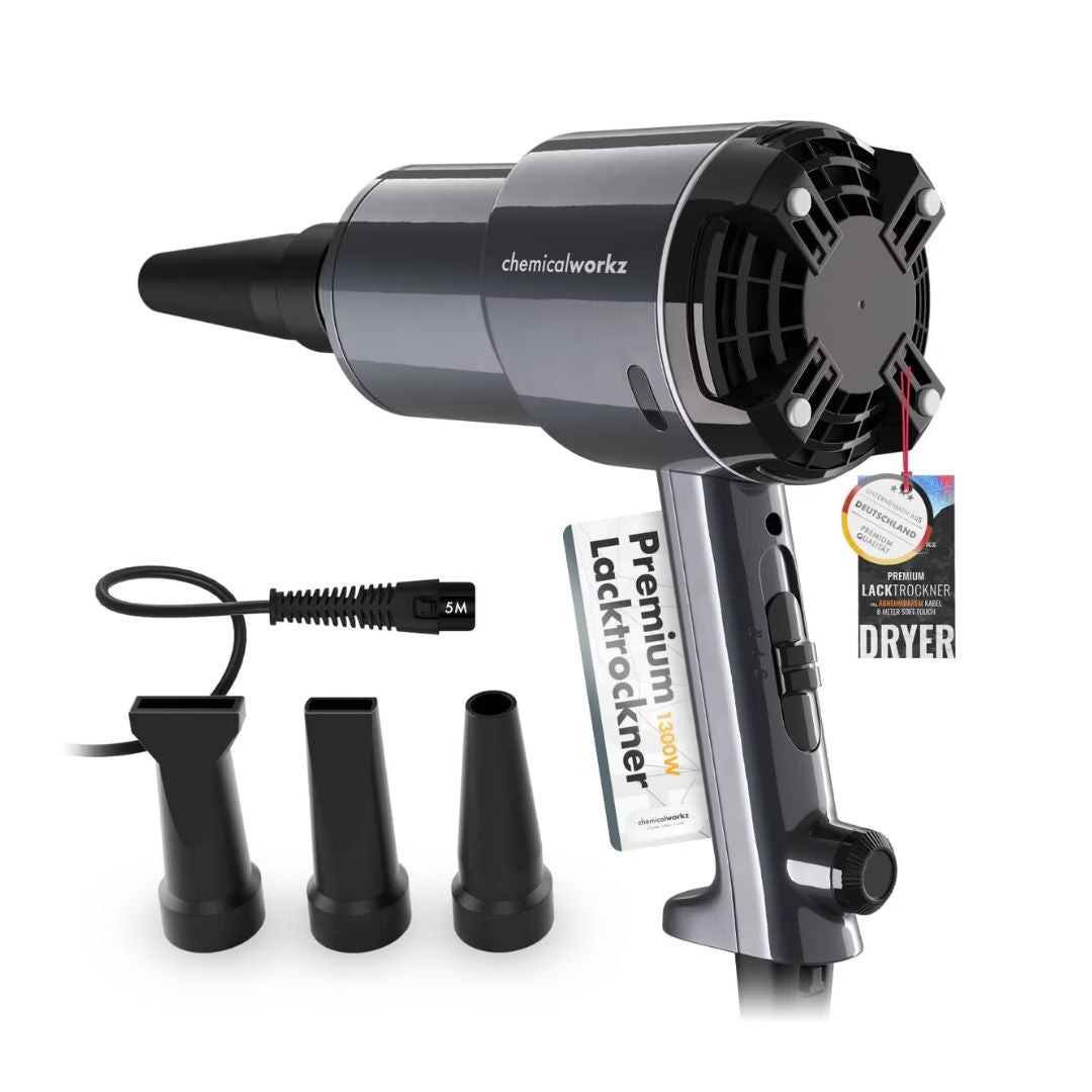 Chemicalworkz Black car dryer with attachments and a packaging box on a white background