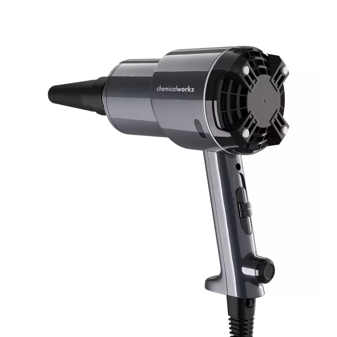 Black car dryer with 'chemicalworkz' branding on a white background
