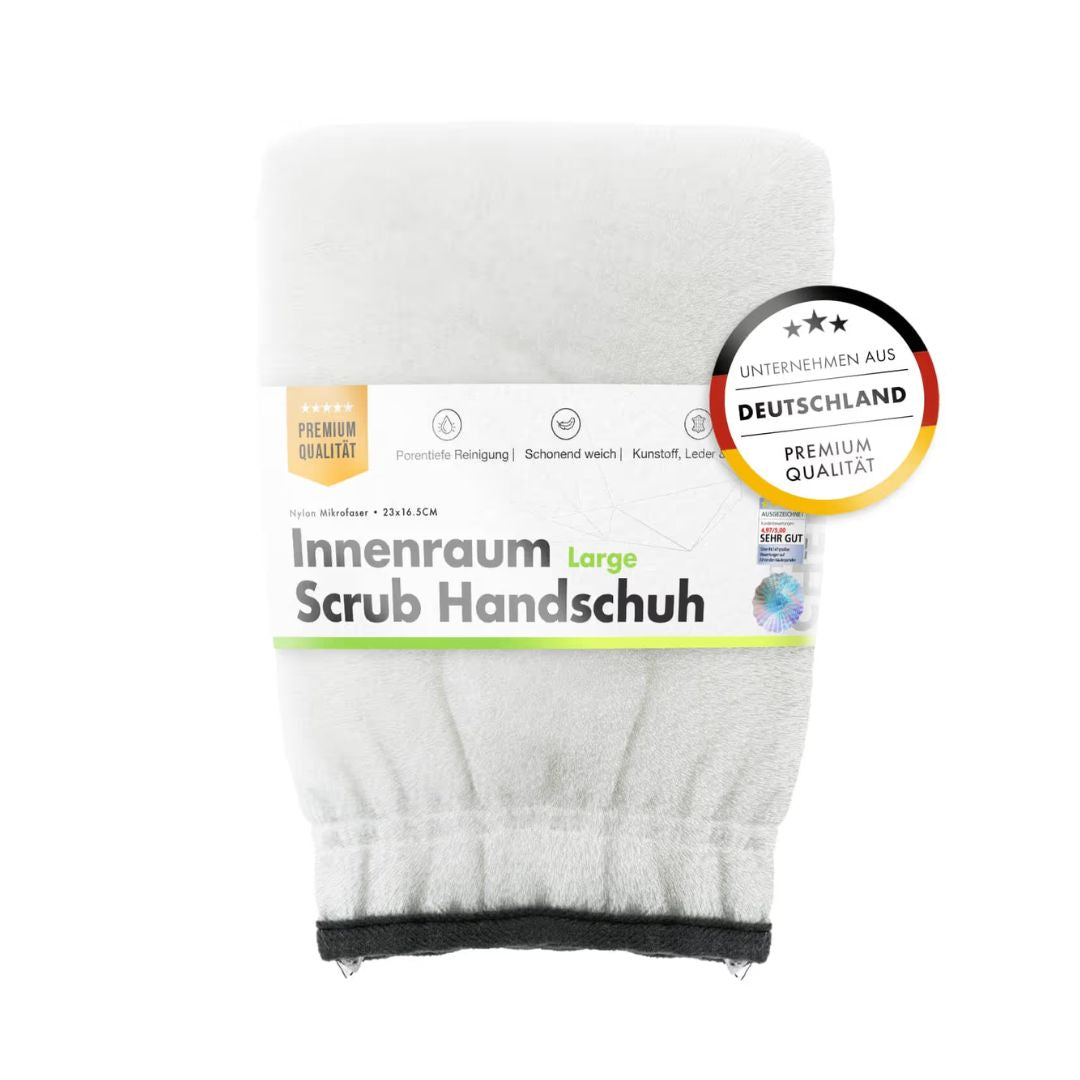 White scrub glove with packaging on a white background