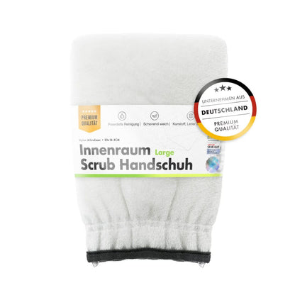 White scrub glove with packaging on a white background