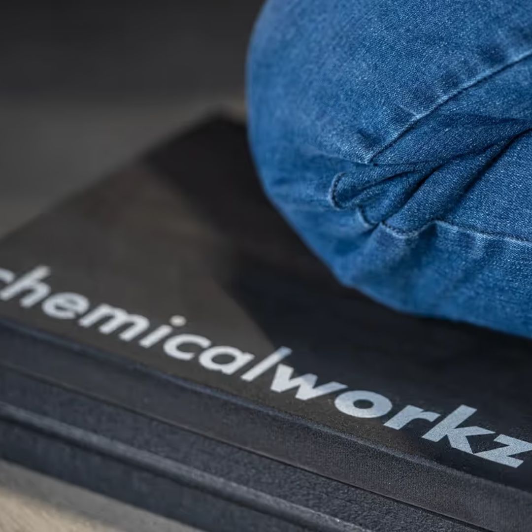 Blue cap on a black surface with 'chemicalworkz' branding